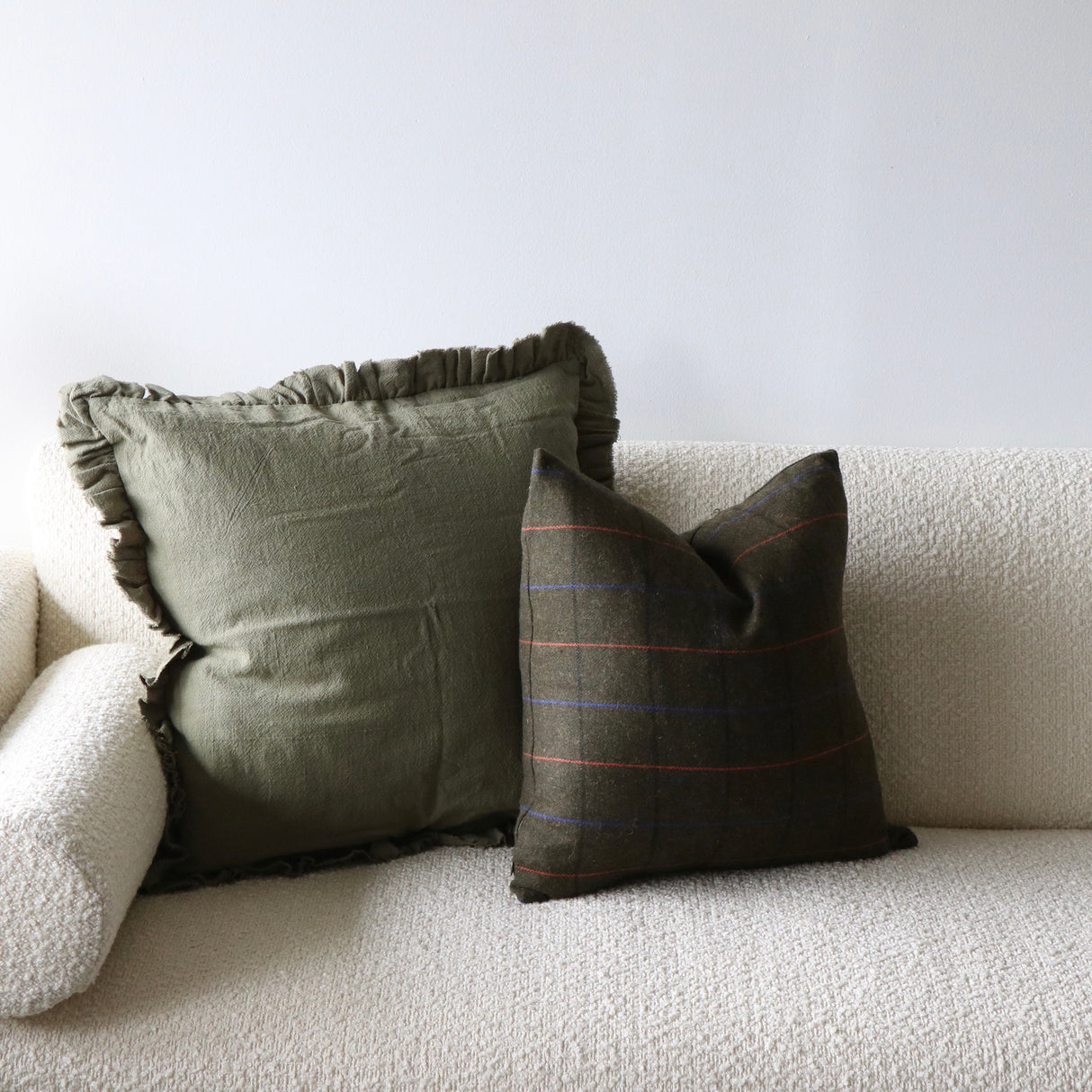 Olive Drab Ruffled Linen Pillow Cover