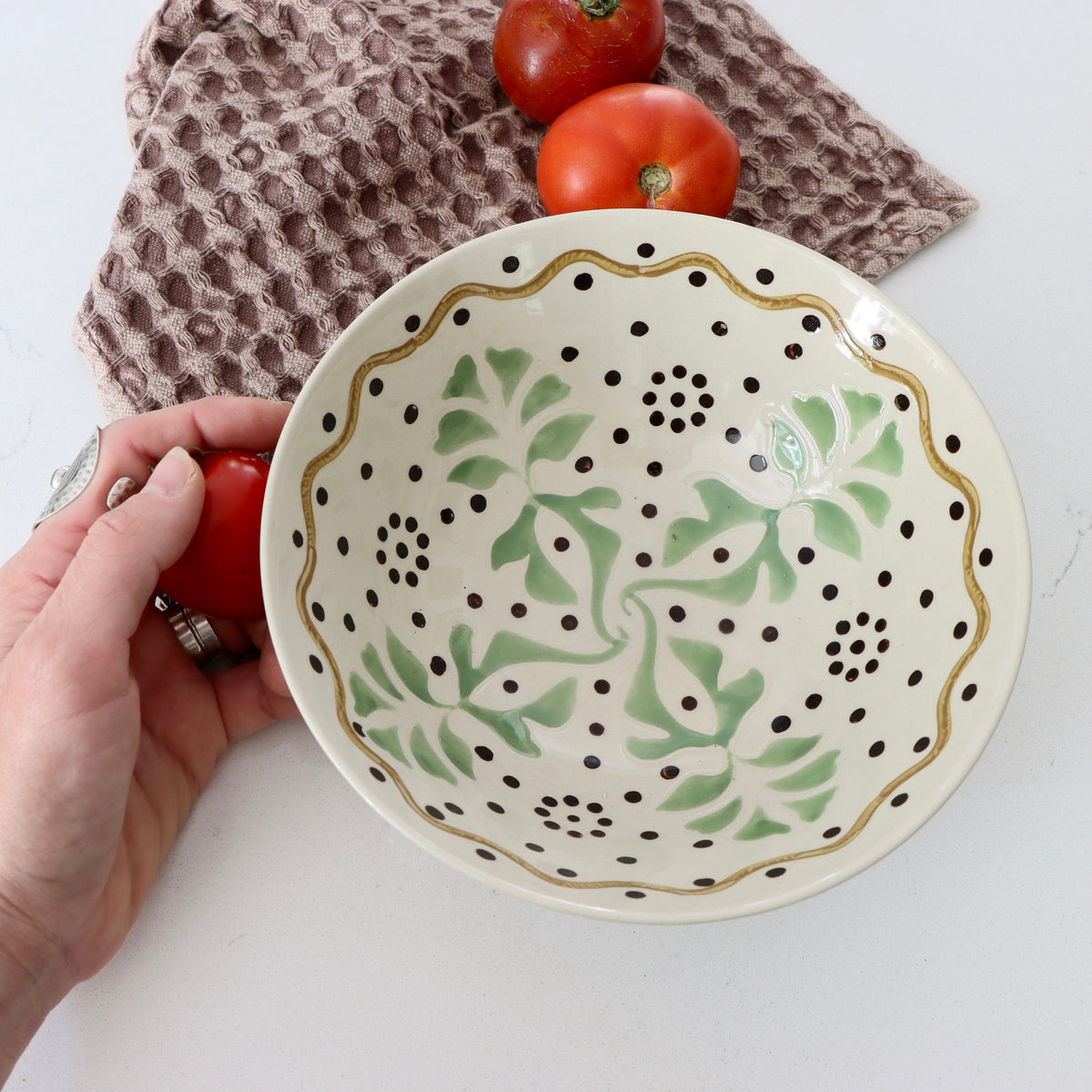 Parsley and Polka Dots Hand-Painted Stoneware Bowl - Holistic Habitat 