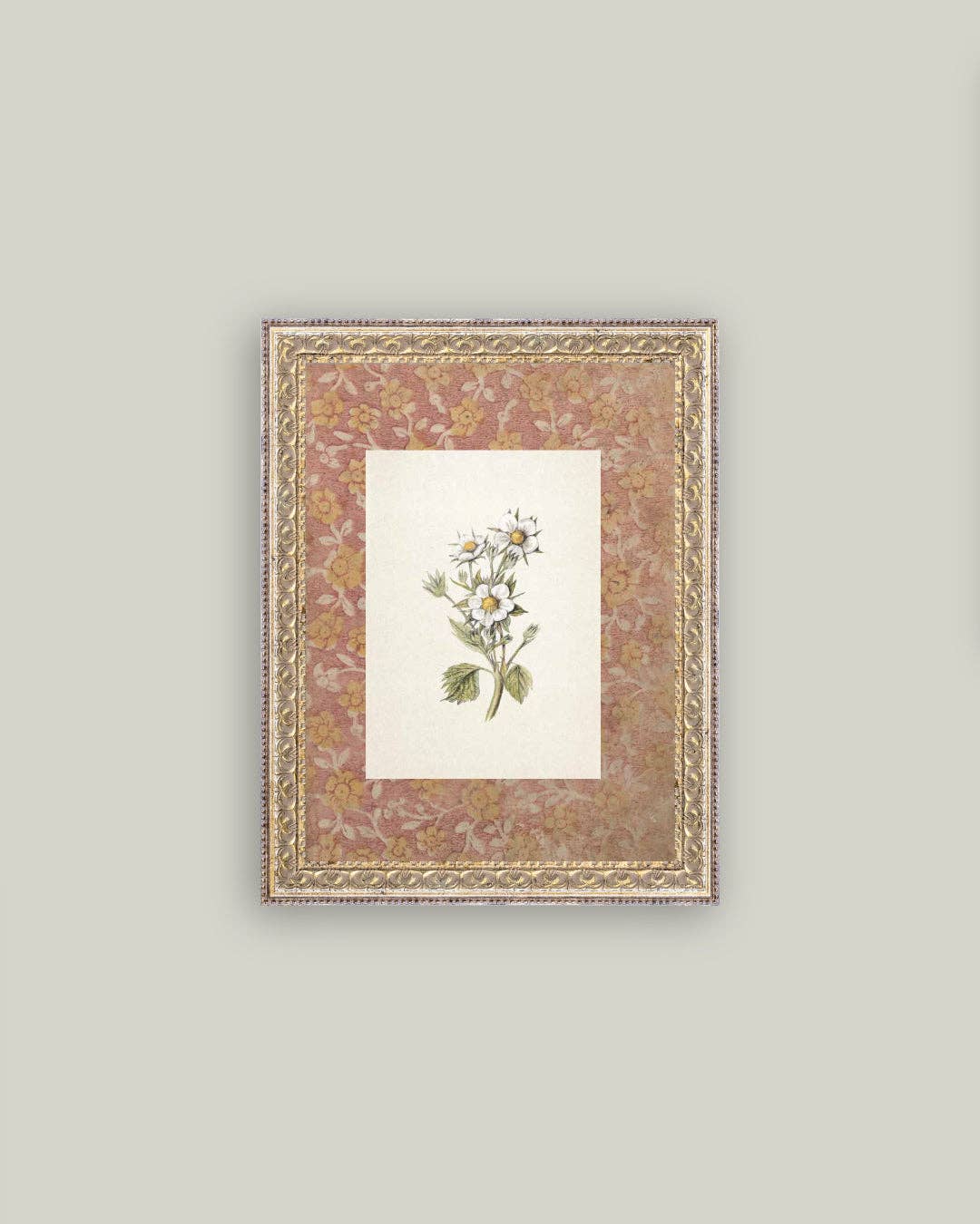 Daisies on Pattern Framed Antique Art: 8x10