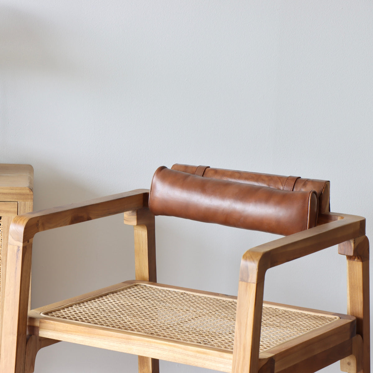 Lucas Bent Teak and Cane Arm Chair with Leather Headrest - Holistic Habitat 