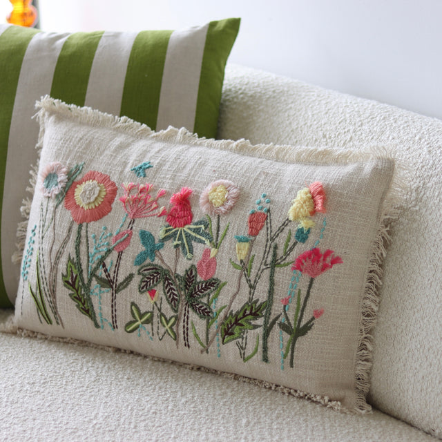 Wild Meadow Embroidered Cotton Slub Lumbar Pillow - 24x14 - Holistic Habitat 