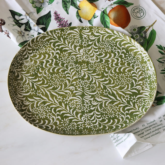 Flower Press Olive Stoneware Platter - Holistic Habitat 