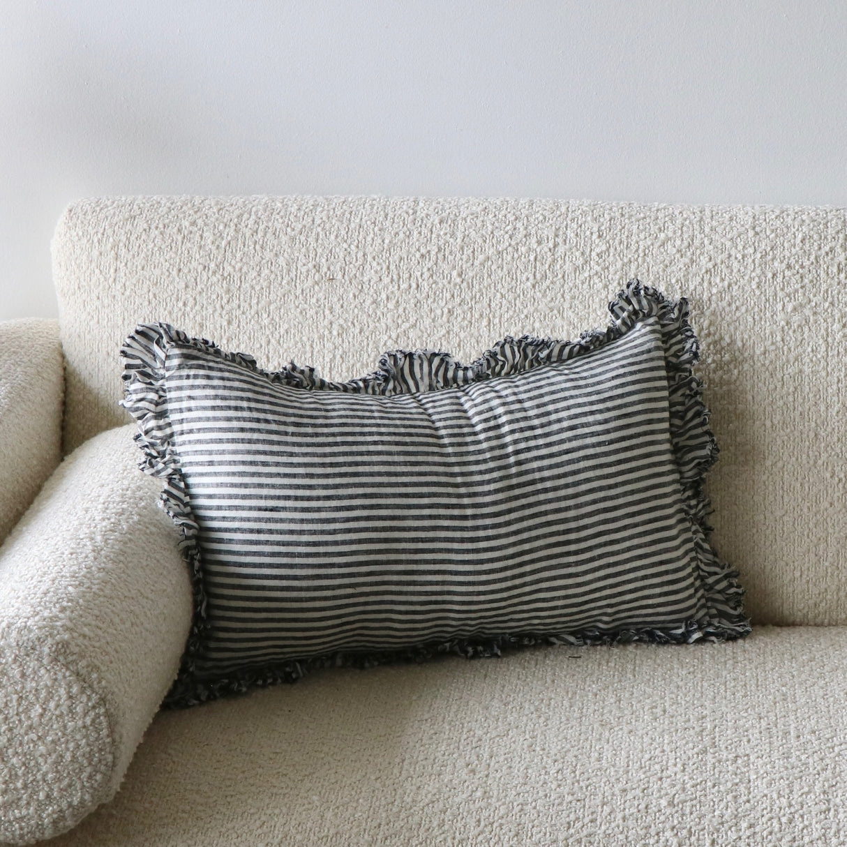 Lydia Charcoal Stripe Ruffled Linen Lumbar Pillow Cover