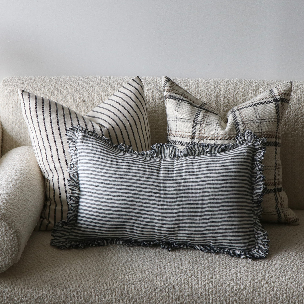 Lydia Charcoal Stripe Ruffled Linen Lumbar Pillow Cover