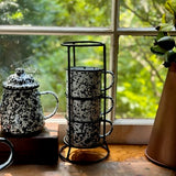 Black Enamel Splatterware Mug Set in Caddy