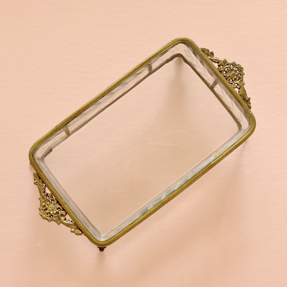 Evelynn Etched Glass &amp; Brass Rimmed Tray - Holistic Habitat 