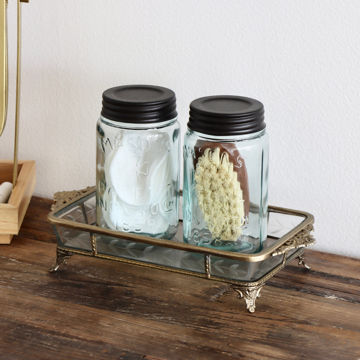 Evelynn Etched Glass &amp; Brass Rimmed Tray - Holistic Habitat 