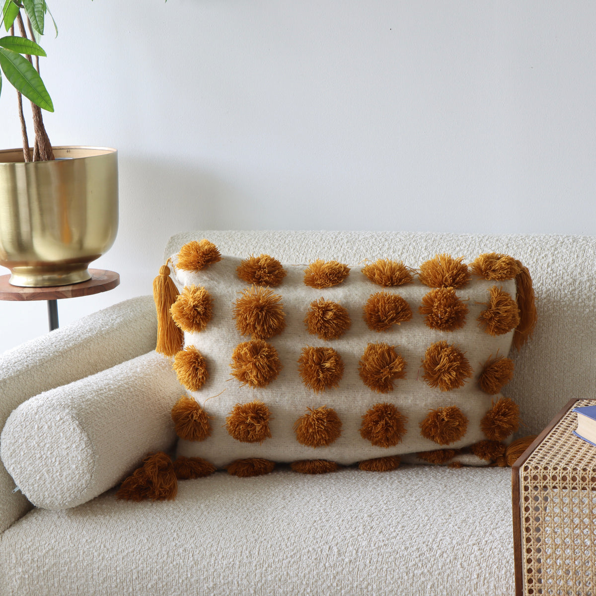 Pátzcuaro Wool Ochre Pom Lumbar Pillow Cover - Holistic Habitat 