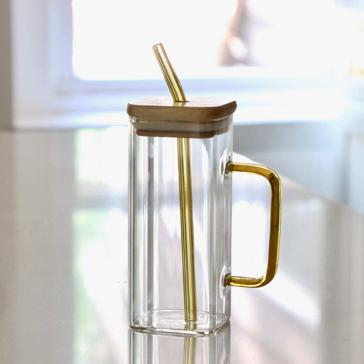 Yellow - Squared Drinking Glass with Lid &amp; Straw - Holistic Habitat 