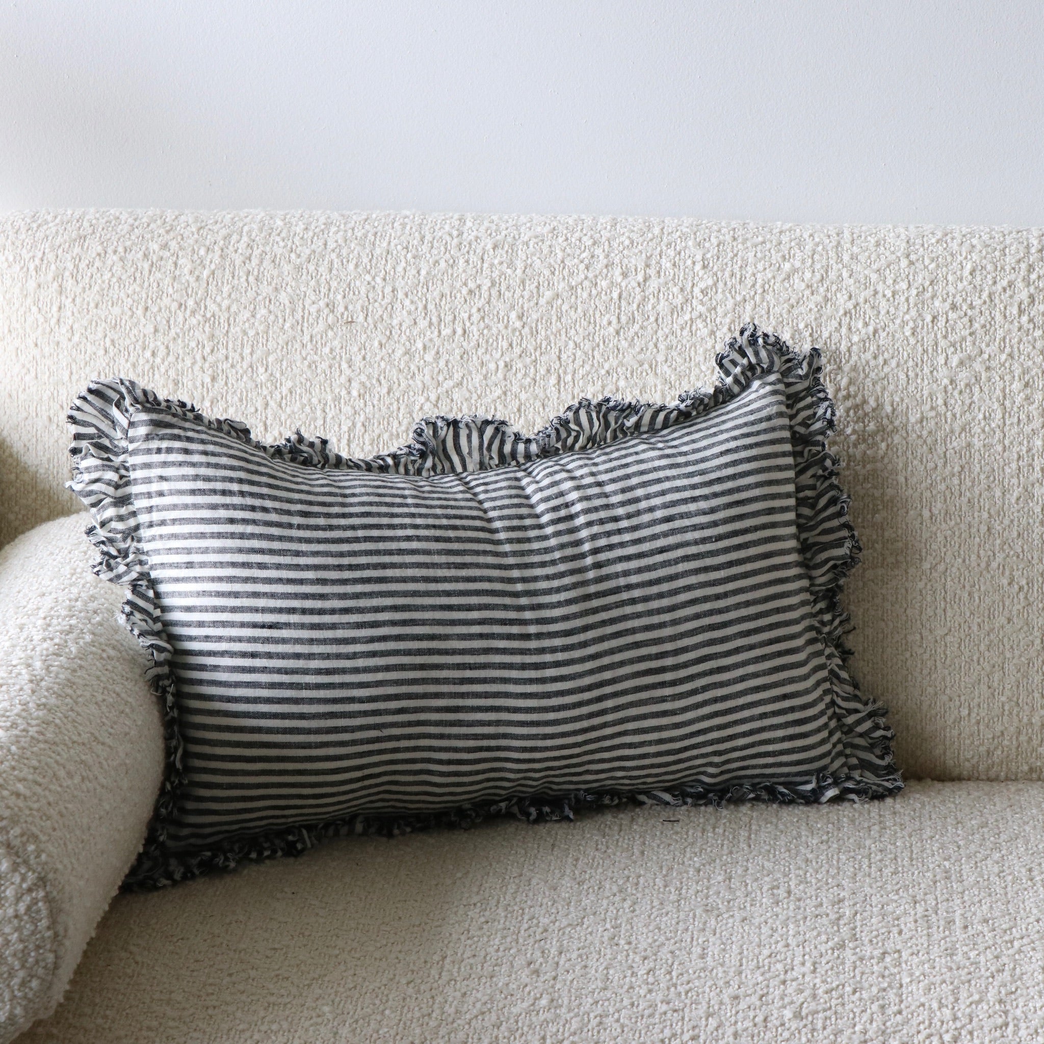 Lydia Charcoal Stripe Ruffled Linen Lumbar Pillow Cover Holistic Habitat