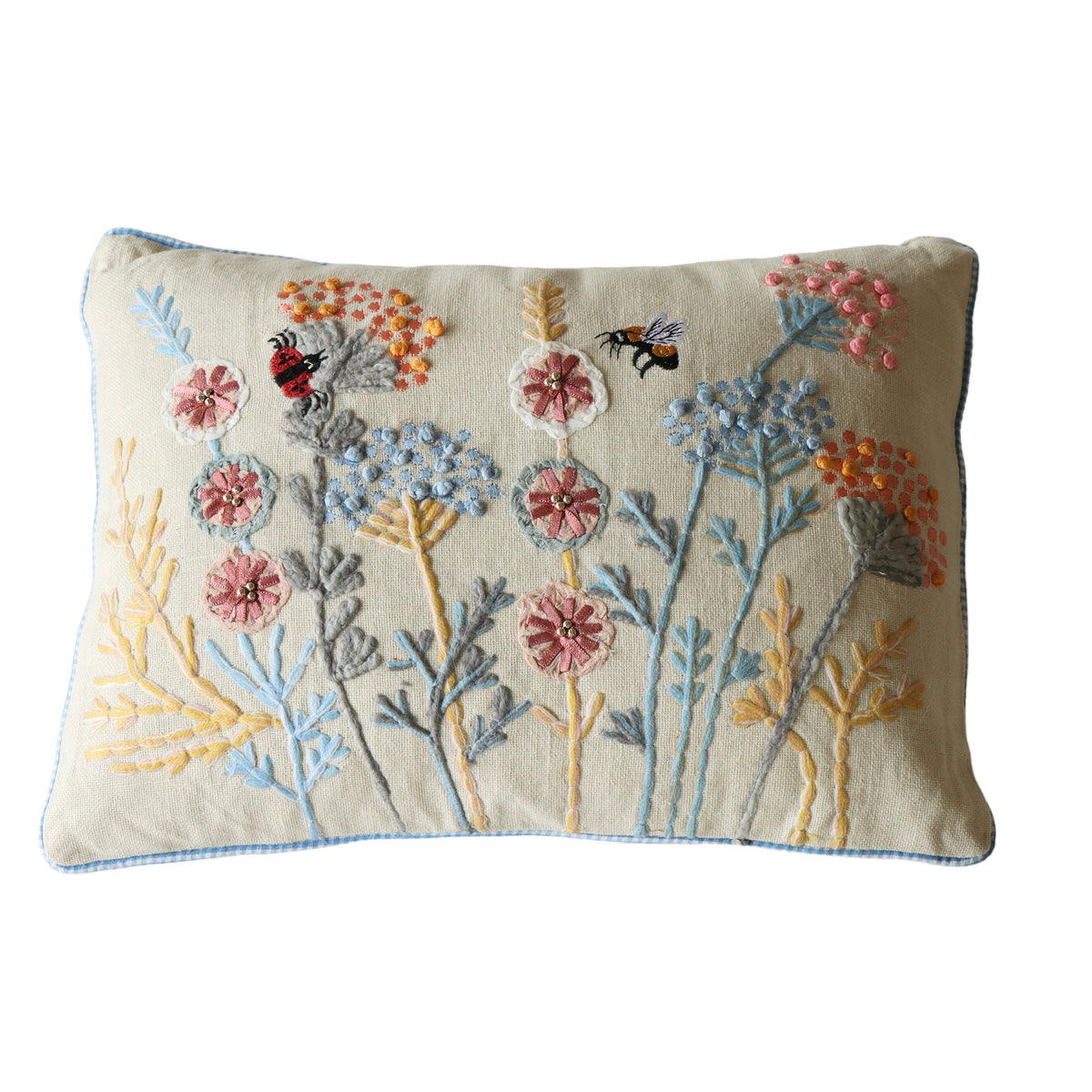 Gingham Flowers Embroidered Lumbar Pillow 12x16 - Holistic Habitat 