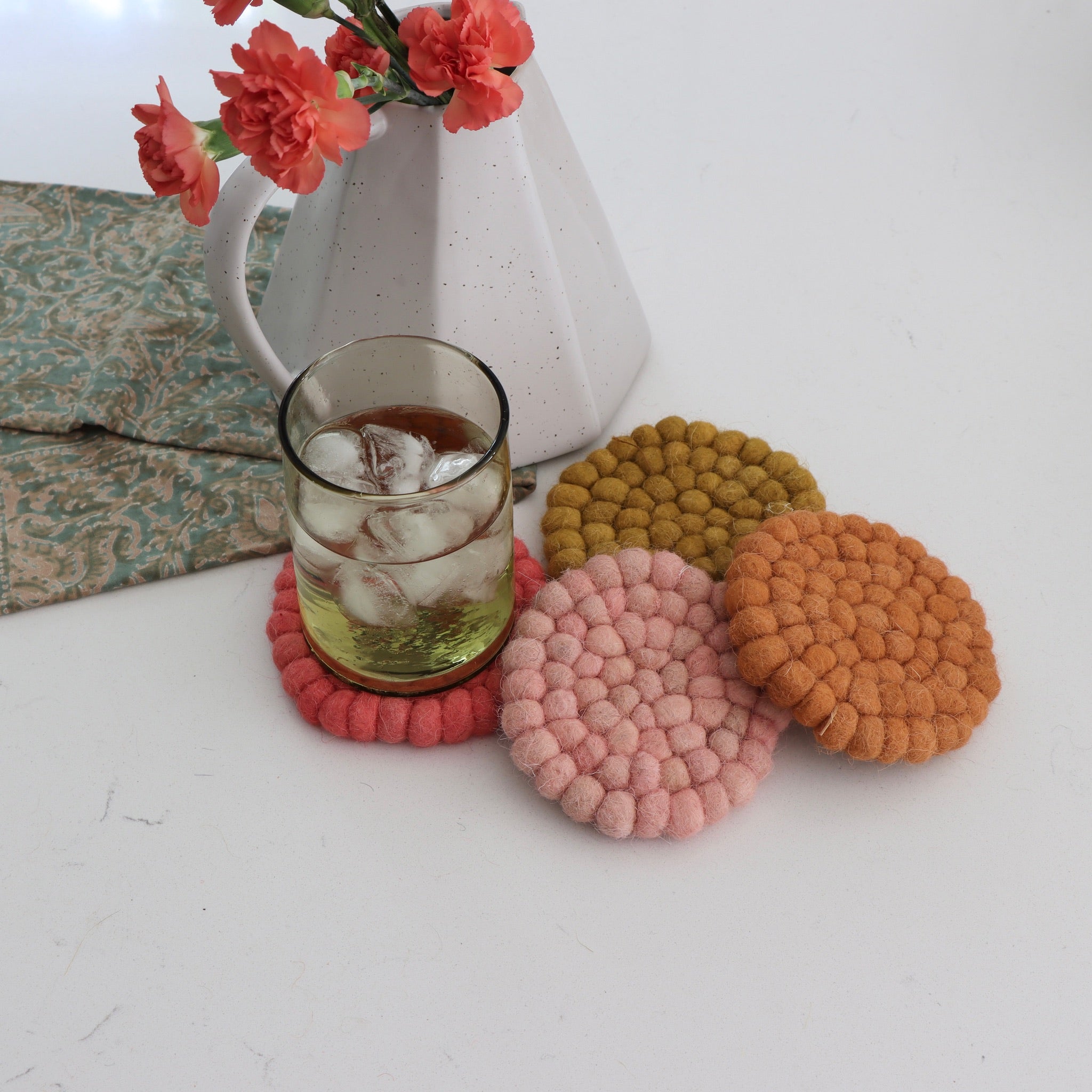 Terracotta Earth Handmade Wool Felt Ball Coasters - Set of 4