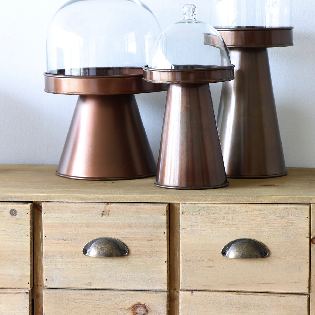 Glass Cloche & Copper Finish Metal Pedestals- Set of 3 - Holistic Habitat 