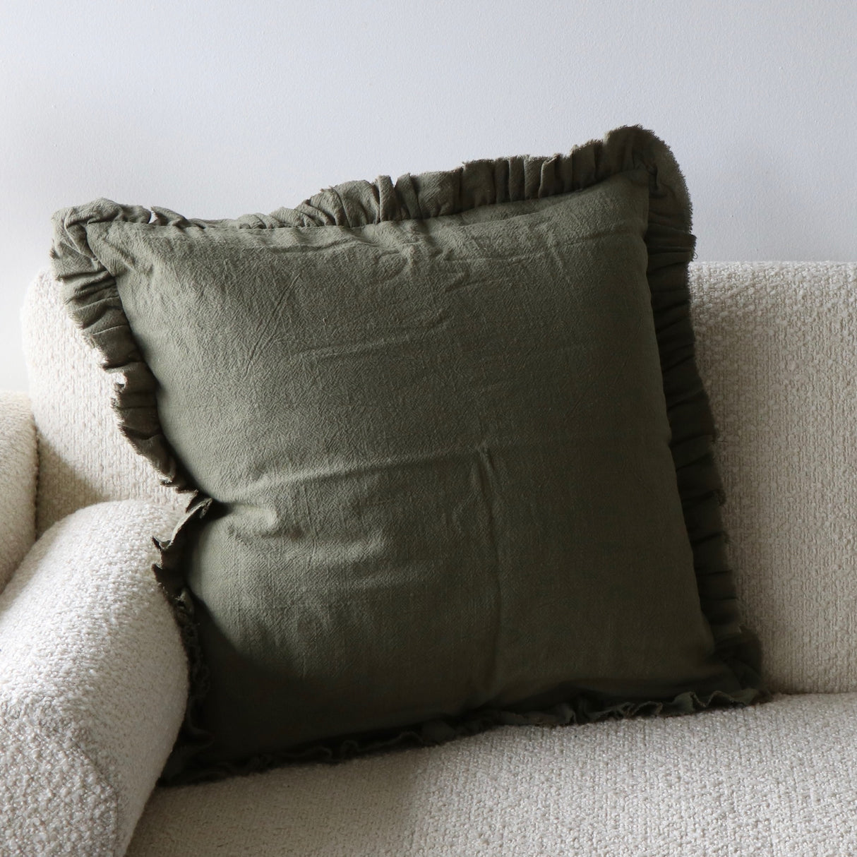 Olive Drab Ruffled Linen Pillow Cover