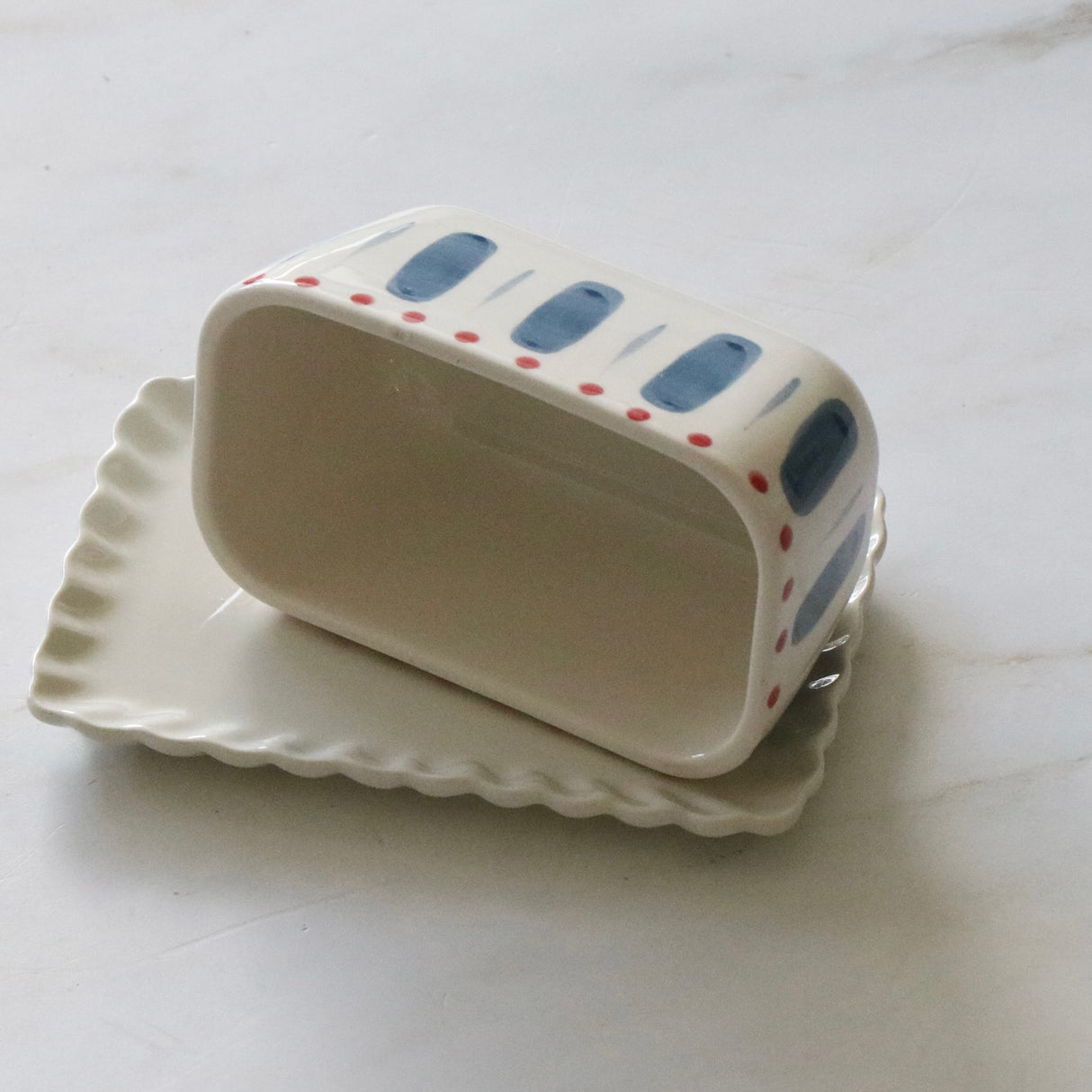 Scalloped Patchwork Hand-Painted Stoneware Butter Dish