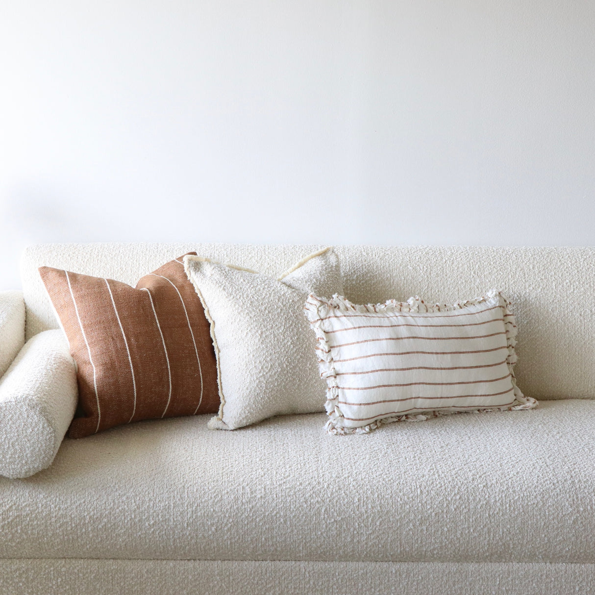 Jessie Ruffled Linen Rust & Cream Stripe Lumbar Pillow Cover