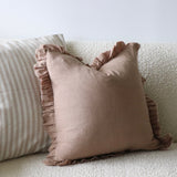 Sepia Brown Ruffled Linen Pillow Cover