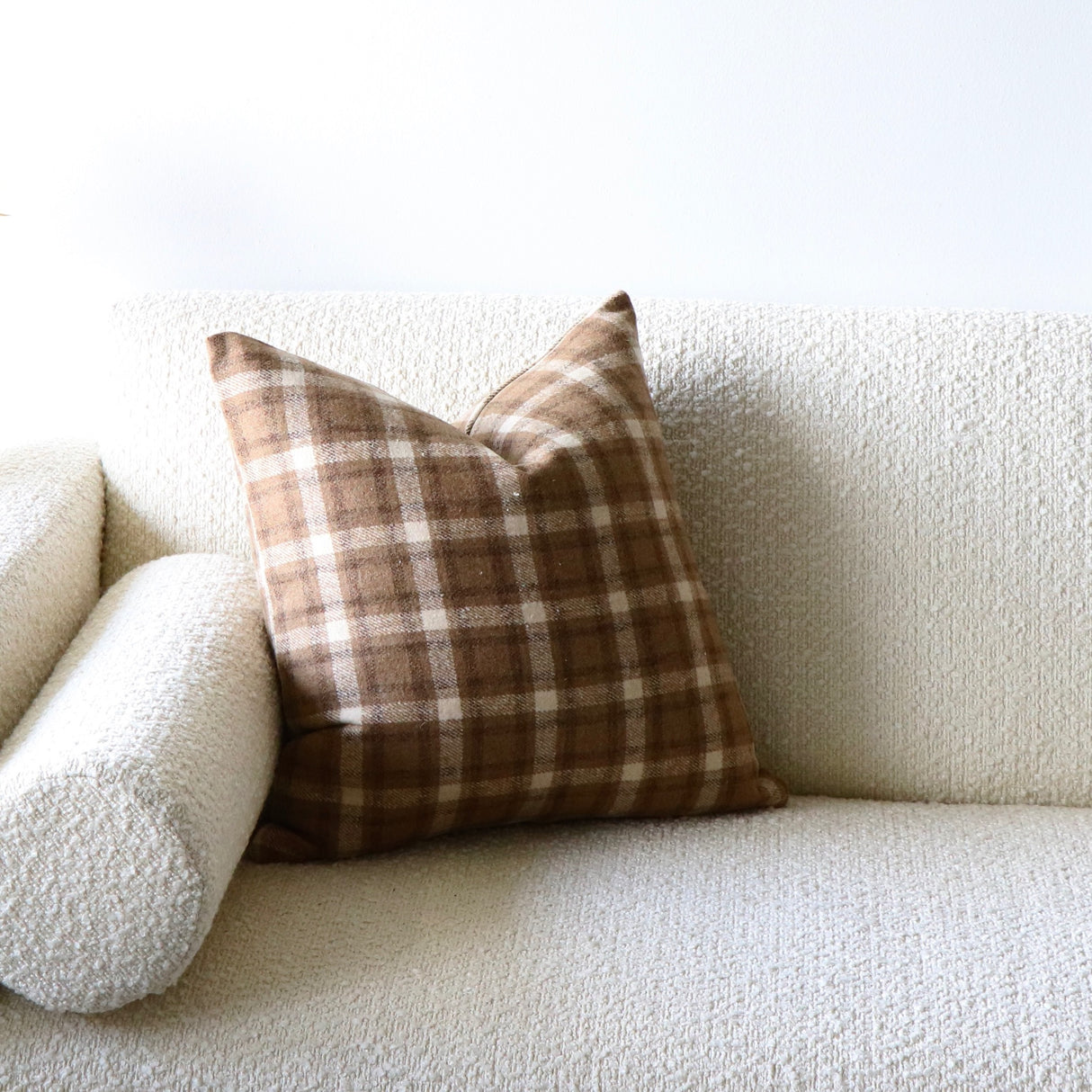 Mika Wool Blend Light Brown Checked Pillow Cover