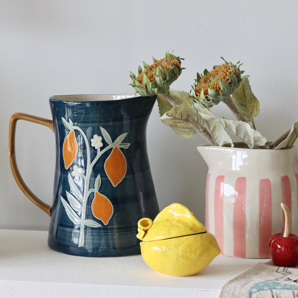 Lemon Tree Handpainted Stoneware Pitcher - 3 Qt - Holistic Habitat 