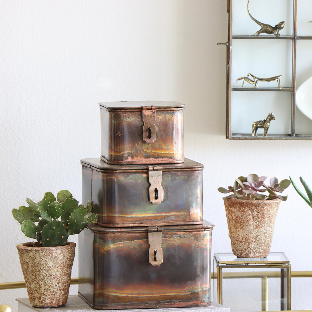 Burnt Copper Finish Metal Boxes - Set of 3 - Holistic Habitat 