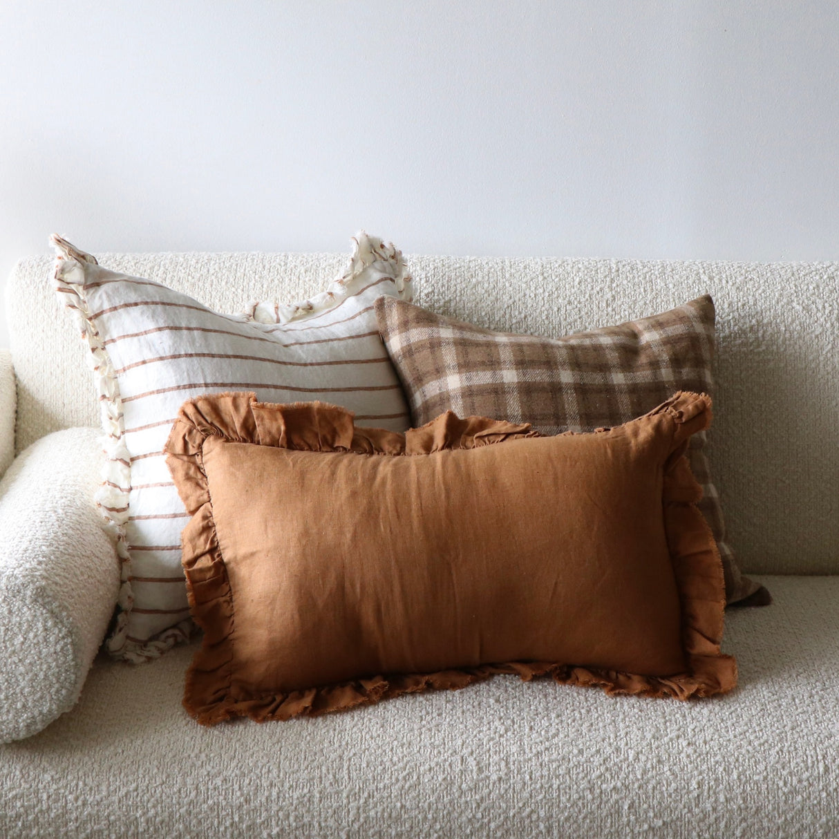 Jessie Ruffled Linen Rust & Cream Stripe Pillow Cover