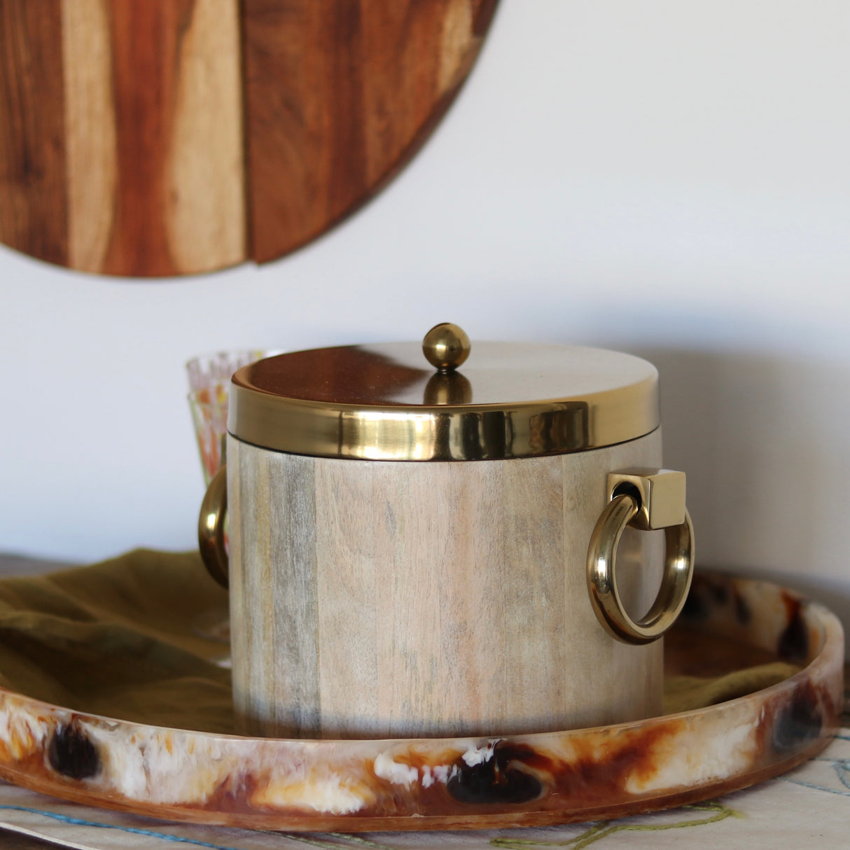 Heirloom White-washed Wooden & Brass Finish Ice Bucket - Holistic Habitat 