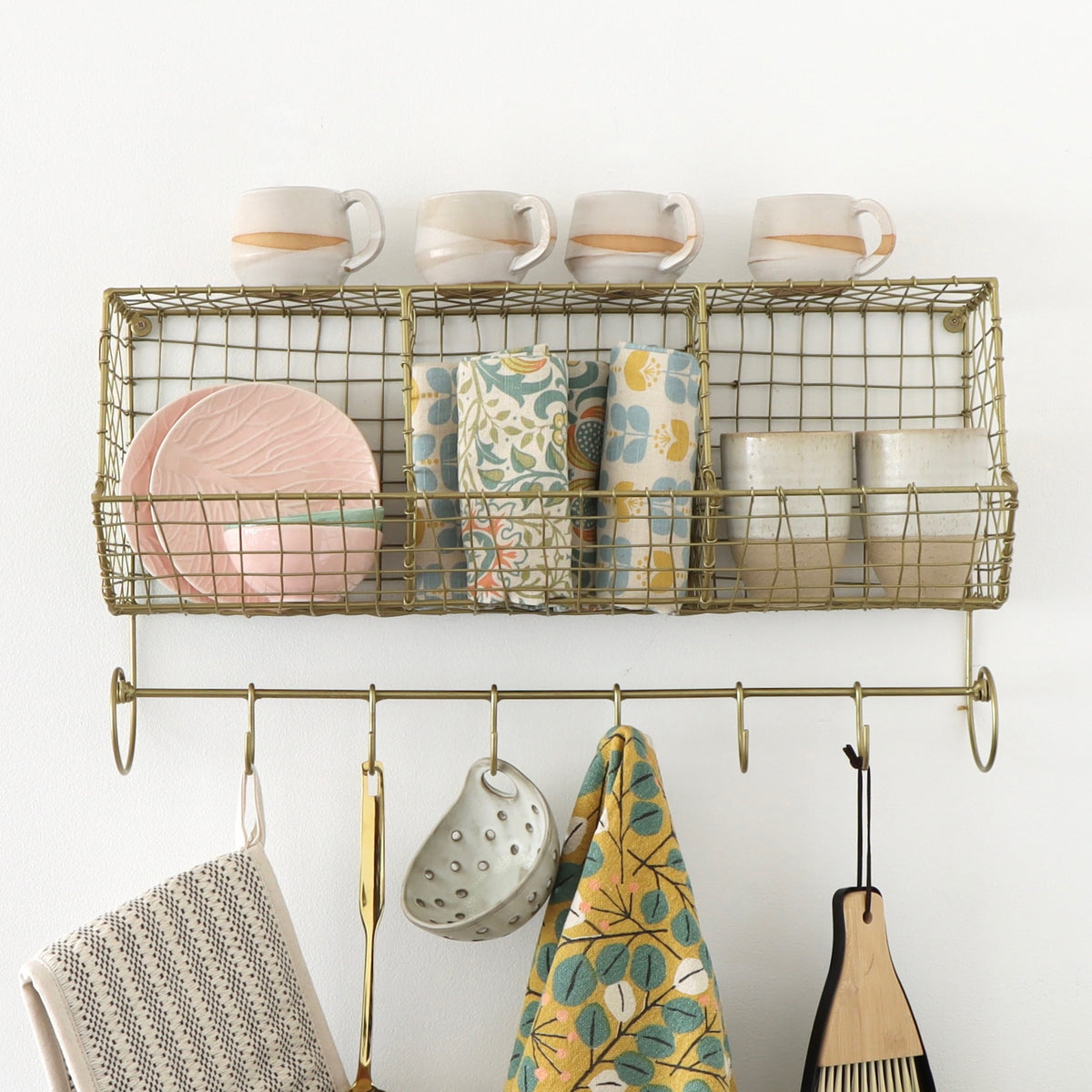 Cubby Gold Wire Wall Shelf with Hooks - Holistic Habitat 