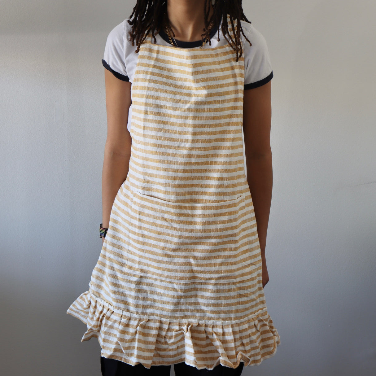 Butterscotch Candy Striped Cotton Ruffled Apron - Holistic Habitat 