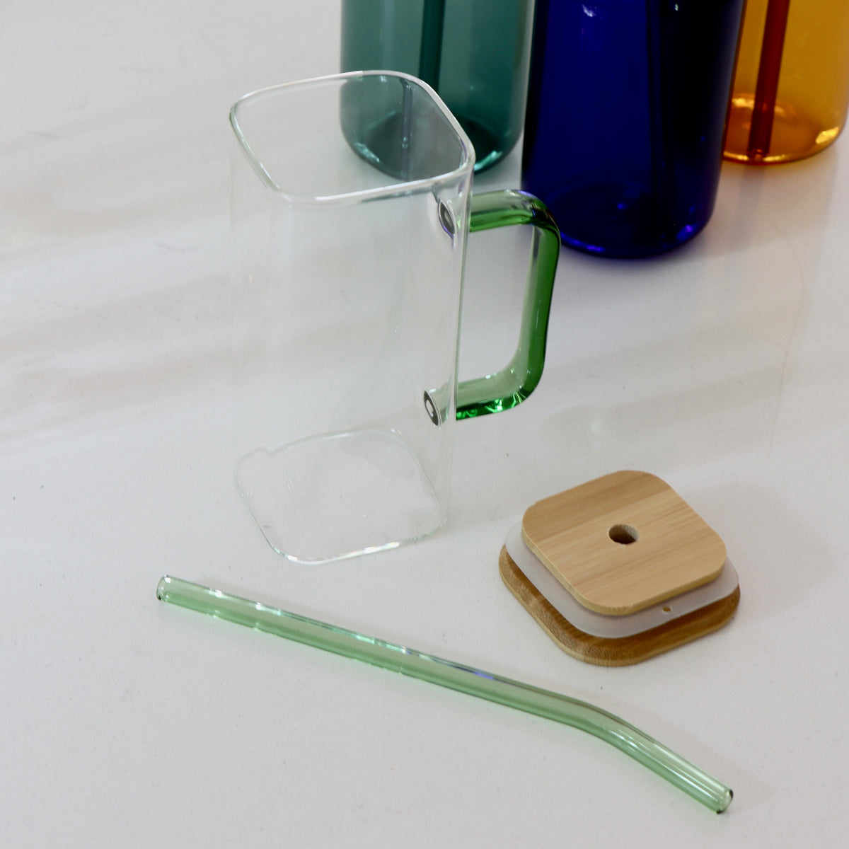 Green - Squared Drinking Glass with Lid &amp; Straw - Holistic Habitat 