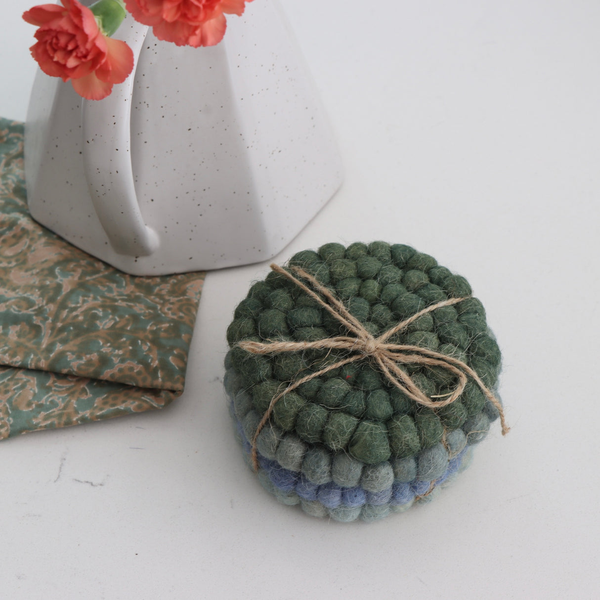 Sea Blue Handmade Wool Felt Ball Coasters - Set of 4 - Holistic Habitat 