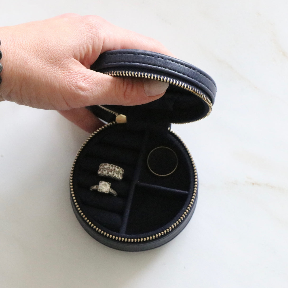 Navy Mini Round Travel Jewelry Case