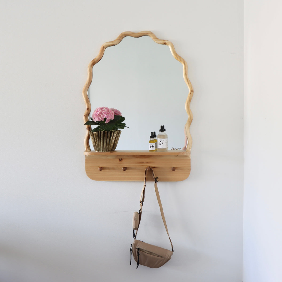 Squiggle Wood Framed Mirror with Hooks - Holistic Habitat 