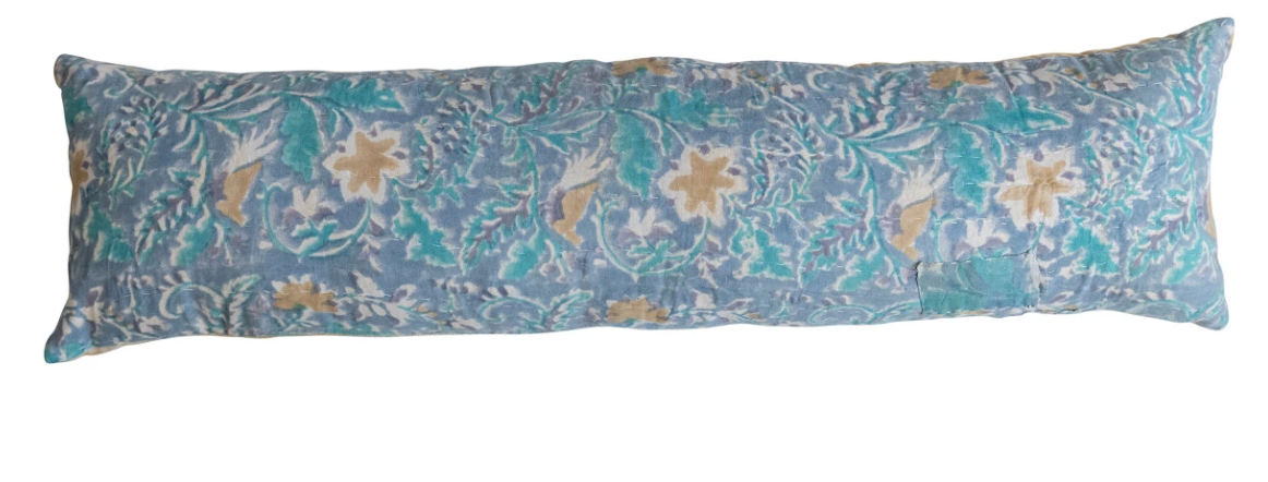 Floral Vintage Cotton Kantha Lumbar Pillow - Holistic Habitat 