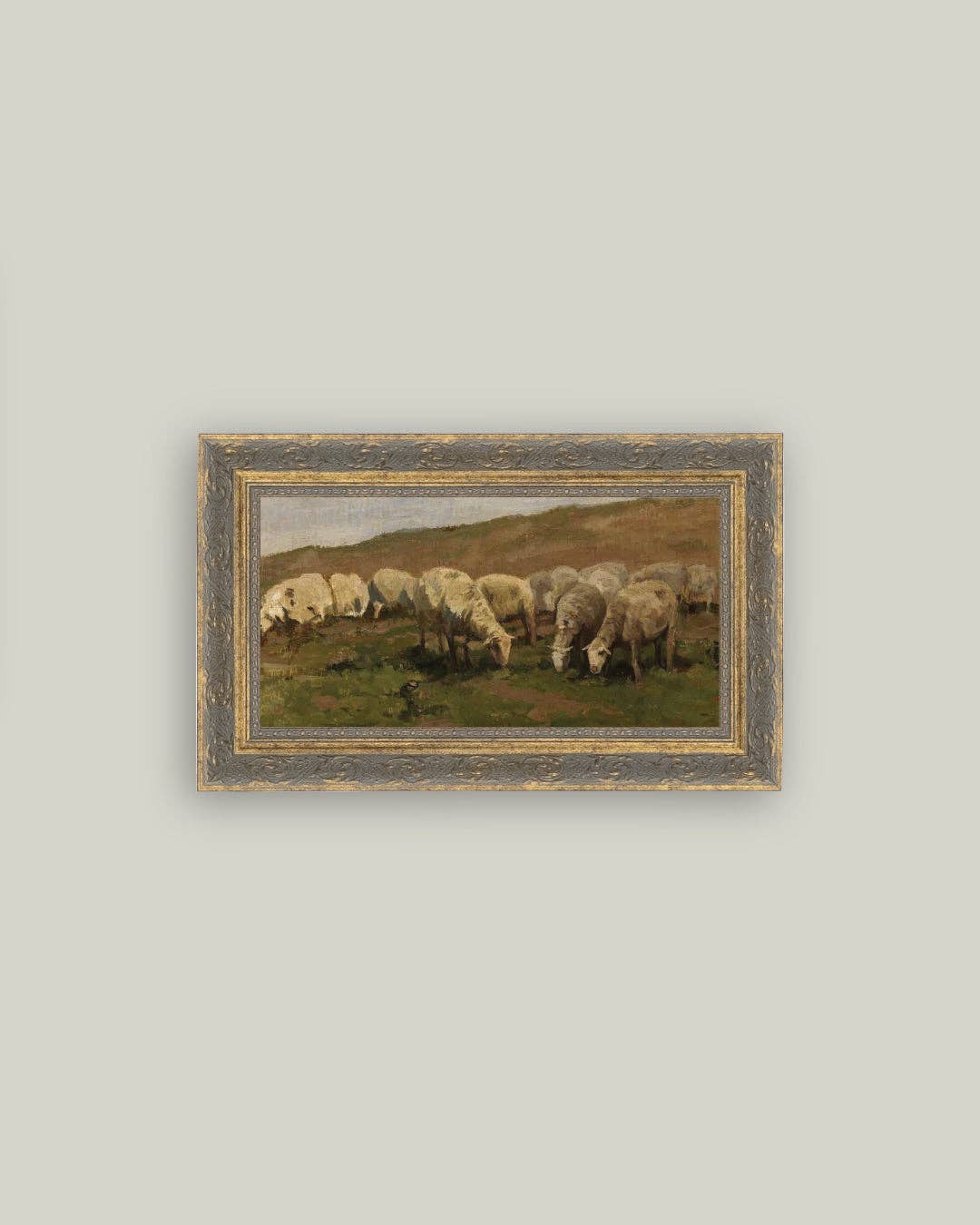 Sheep Landscape Framed Antique Art: 7x5