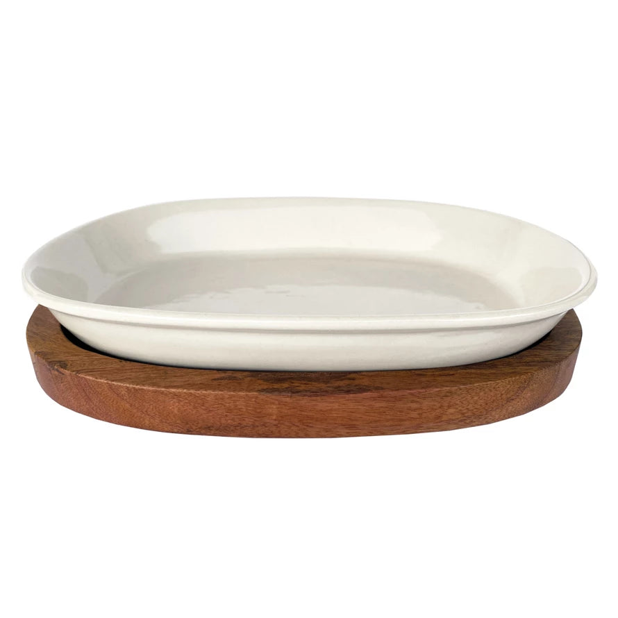 Gatherings Stoneware Serving Dish with Wood Base - Holistic Habitat 