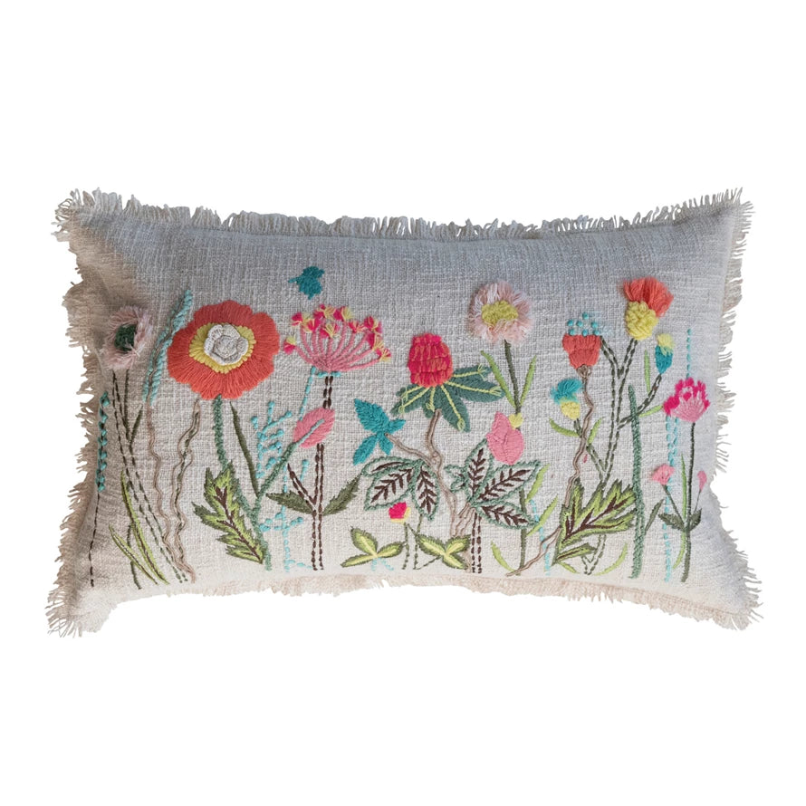 Wild Meadow Embroidered Cotton Slub Lumbar Pillow - 24x14 - Holistic Habitat 