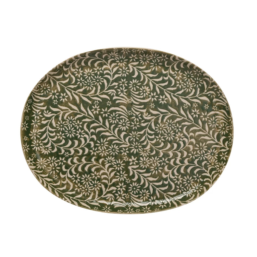 Flower Press Olive Stoneware Platter - Holistic Habitat 