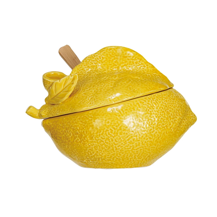 Lemon Stoneware Sugar Pot with Wooden Spoon - Holistic Habitat 