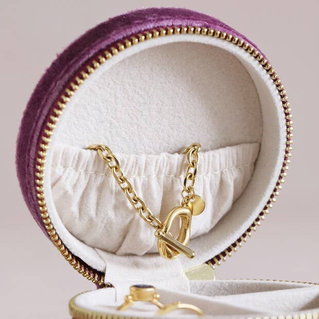 Mauve Velvet Round Travel Jewelry Case