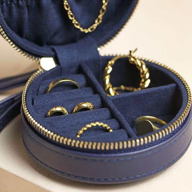 Navy Mini Round Travel Jewelry Case