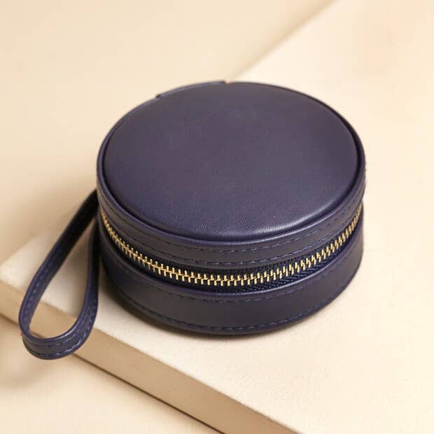 Navy Mini Round Travel Jewelry Case