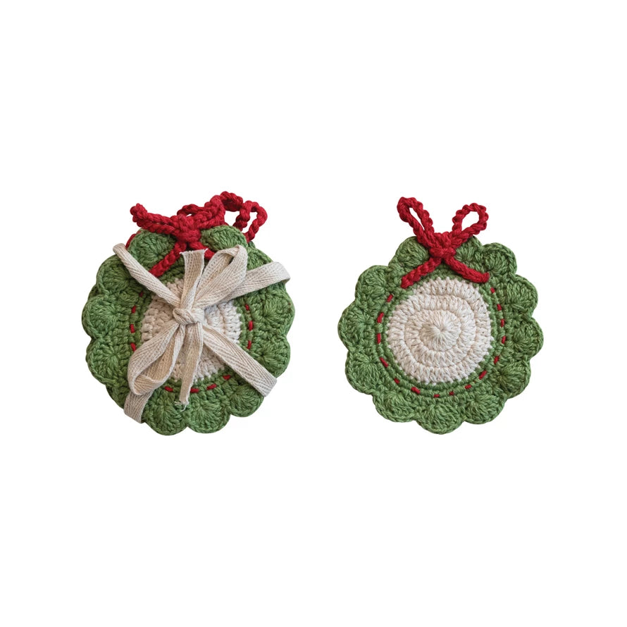 Holiday Wreath Cotton Crocheted Coasters - Set of 4