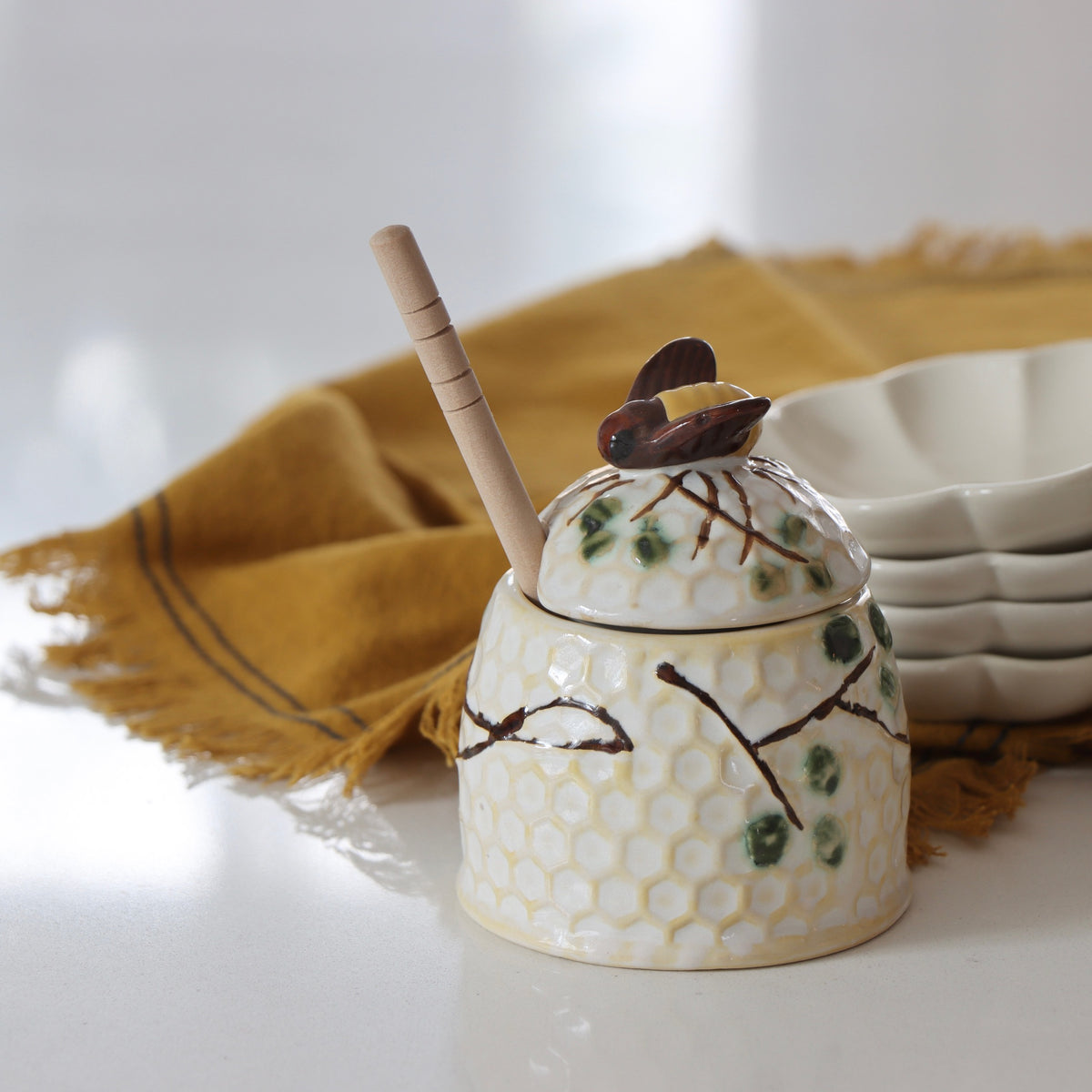 Bees Knees Hand-Painted Honey Pot with Dipper - Holistic Habitat 