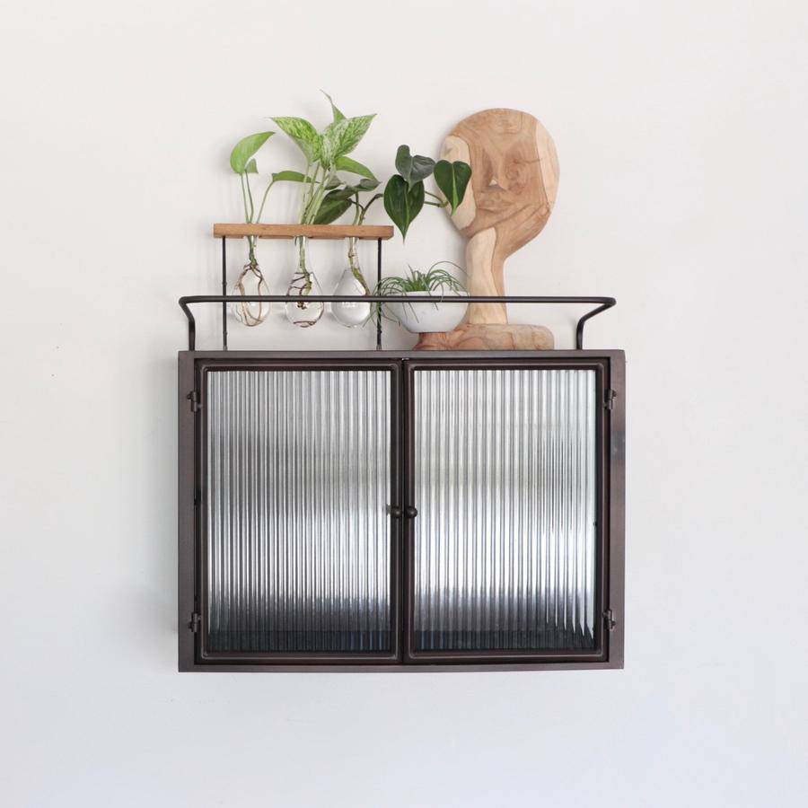 Antiqued Metal Apothecary Cabinet with Corrugated Glass - Holistic Habitat 