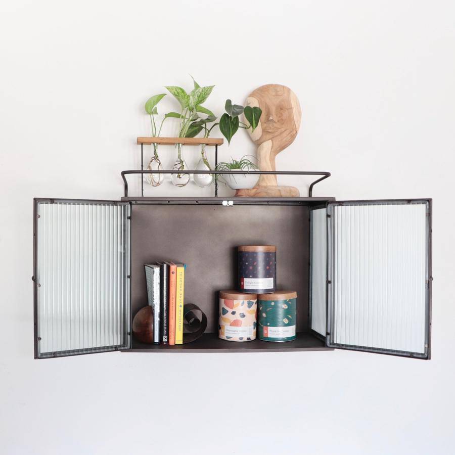 Antiqued Metal Apothecary Cabinet with Corrugated Glass - Holistic Habitat 