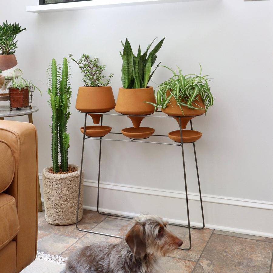 Set of 3 Natural Clay Funnel Pots on Wire Console - Holistic Habitat 