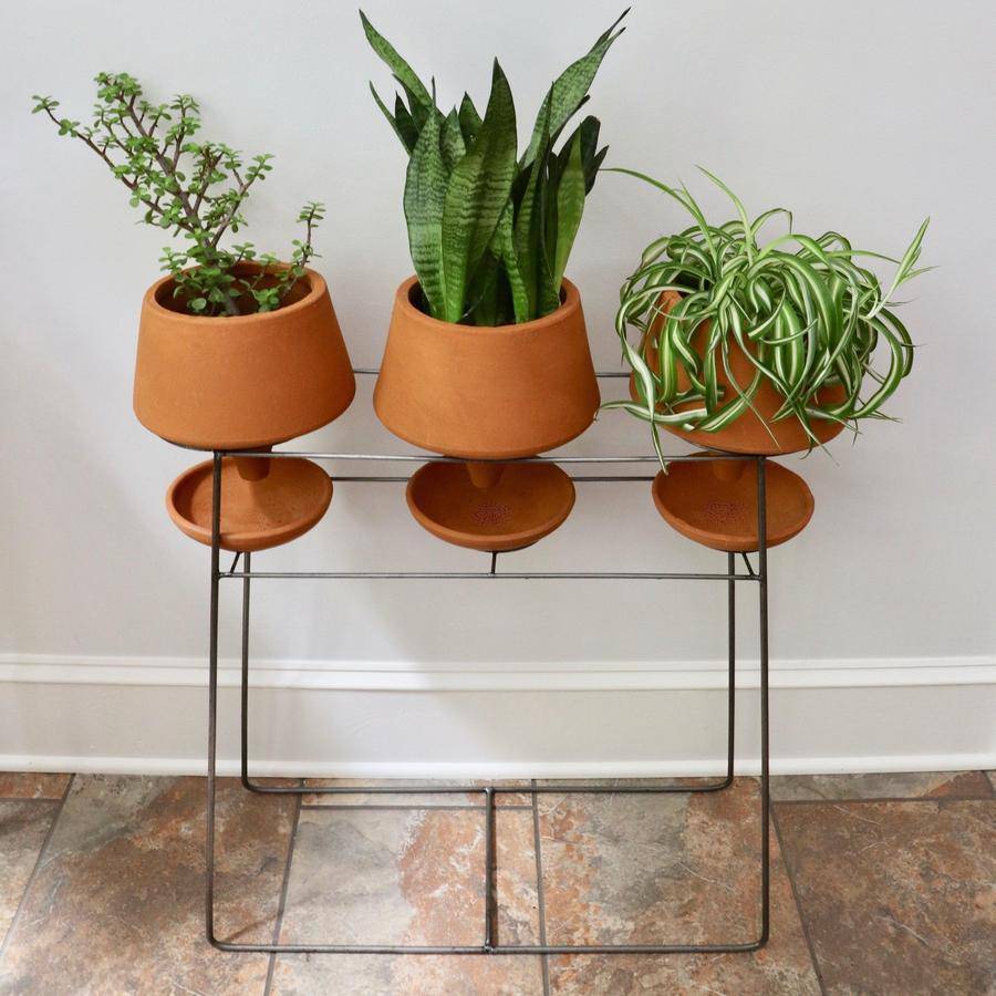 Set of 3 Natural Clay Funnel Pots on Wire Console - Holistic Habitat 