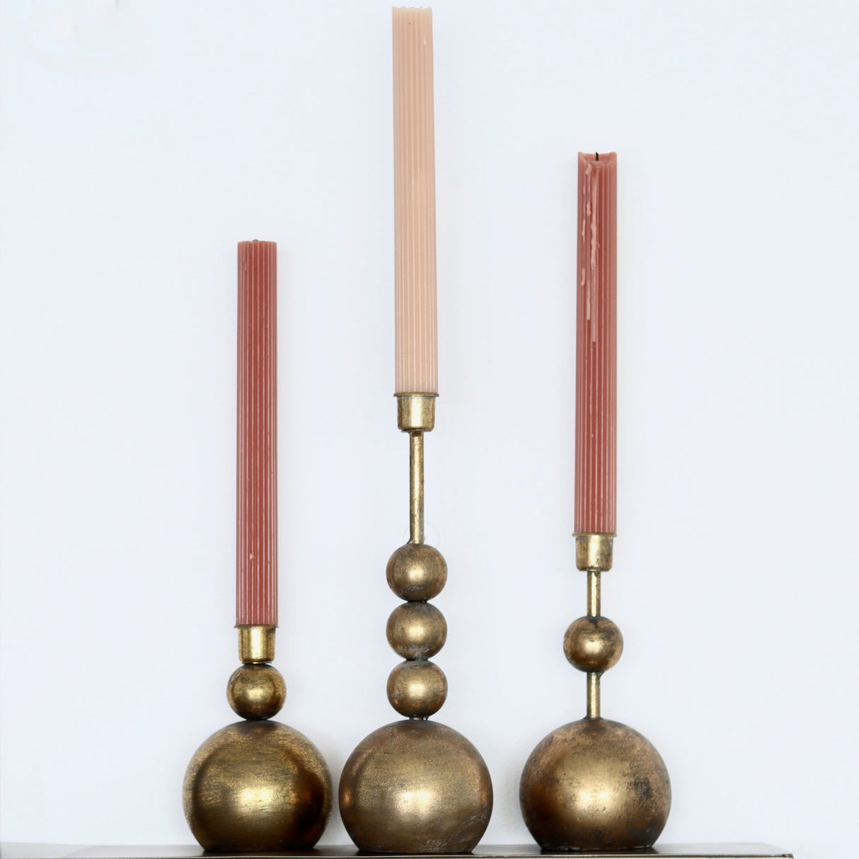 Stacked Orb Antique Brass Finish Taper Candle Holders - Set of 3 - Holistic Habitat 