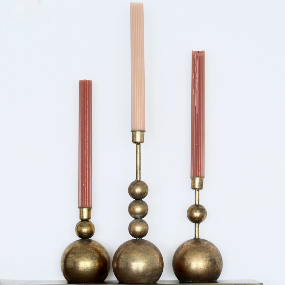 Stacked Metal Orb Antiqued Brass Finish Taper Candle Holders - Set