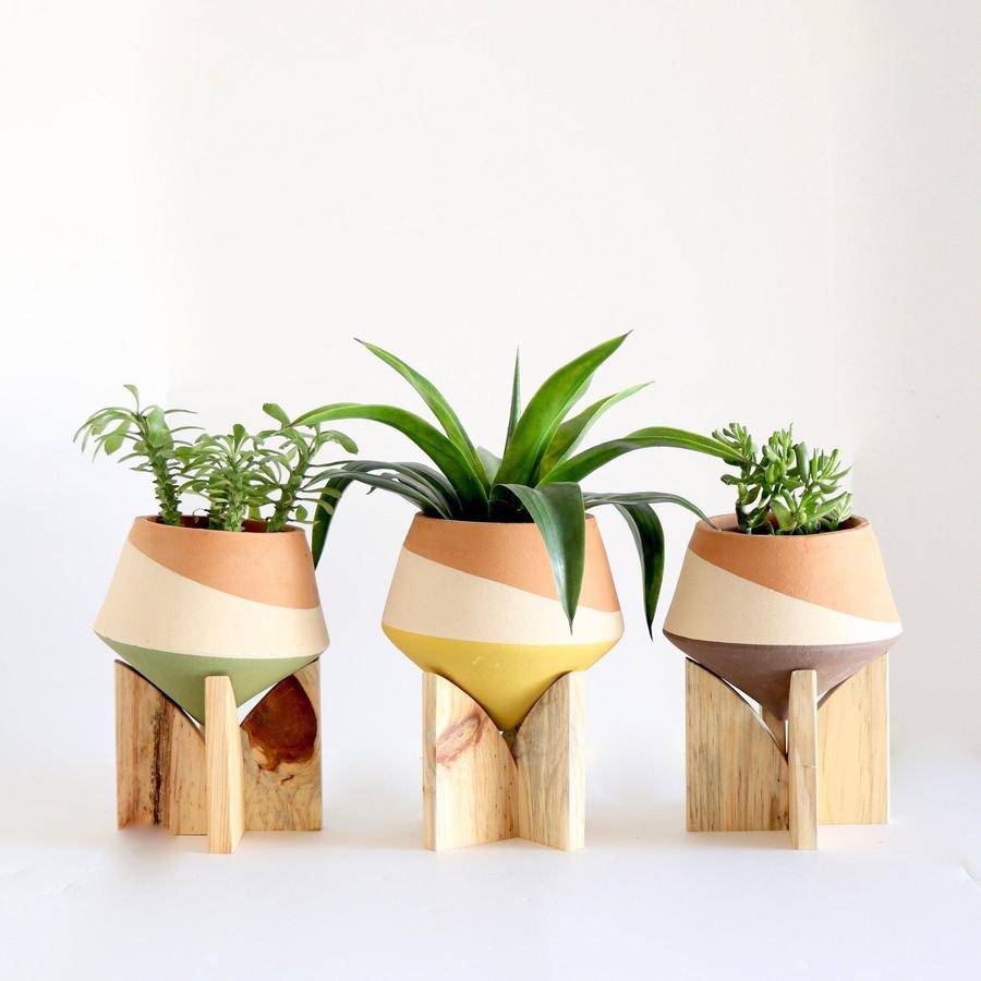 Double Dipped Colorblock Pots on Wooden Stands (Set of Three) - Holistic Habitat 
